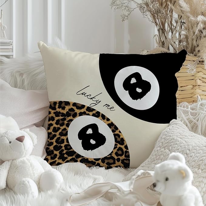 Trendy Leopard Lucky 8 Ball Pillow Covers 18x18, Cheetah Leopard Print Room Decor, Funky Preppy Leopard and Black Billiards Decorative Throw Pillow Covers for Girls Dorm Apartment