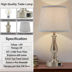 Table Lamps for Bedroom Set of 2,3 Way Dimmable Touch Bedside Lamps with Dual USB A+C Ports - Nightstand Lamp for End Table Modern Night Stand Lamps for Living Room Guest Room