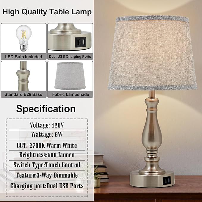 Table Lamps for Bedroom Set of 2,3 Way Dimmable Touch Bedside Lamps with Dual USB A+C Ports - Nightstand Lamp for End Table Modern Night Stand Lamps for Living Room Guest Room