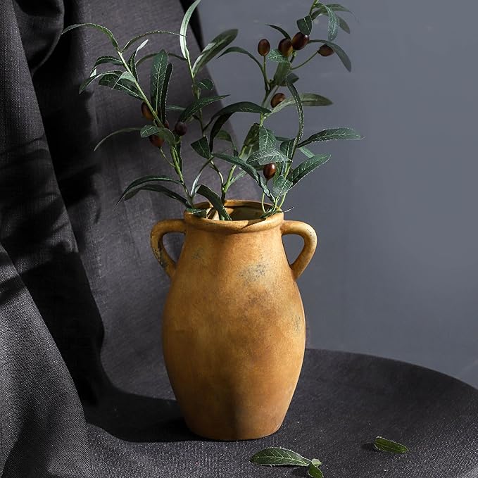 Ceramic Rustic Vase with 2 Handles, 9.05 inch Farmhouse Flower Vase, Pottery Flower Vase for Home Decor, Living Room Shelf Decor, Enterway, Table