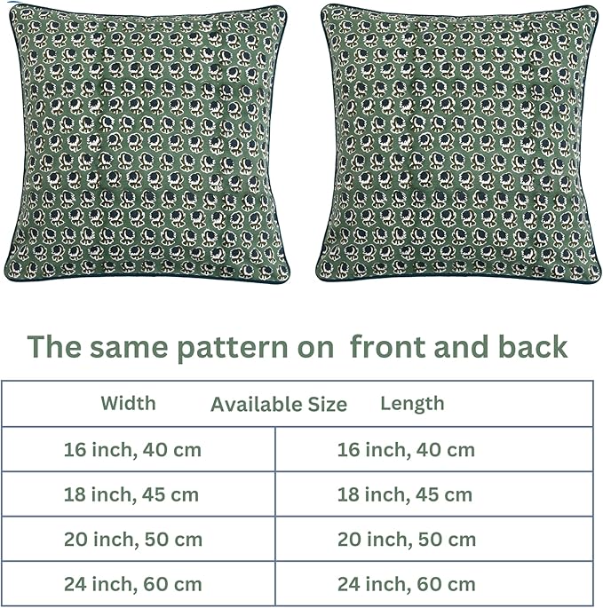 Ridhi Basil Green Block Print Cotton Canvas Throw Pillow Covers for Decorative Couch Pillows for Living Room, Chic Boho Cute Outdoor Valentine Pillows Covers Gifts 24x24 Inches