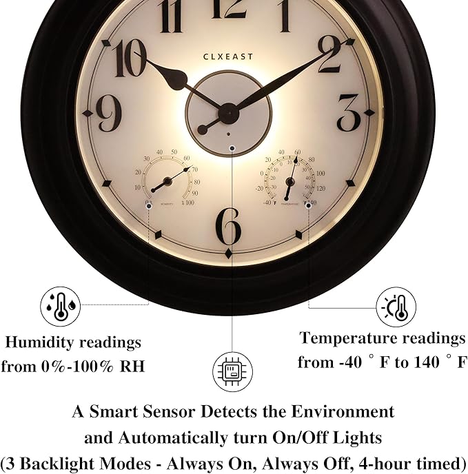 CLXEAST 24 Inch LED Self-Illuminated Outdoor Metal Clocks Waterproof, Large Lighted Outdoor Clock with Temperature and Humidity,House Warming Gifts New Home,Oil Rubbed Bronze Black