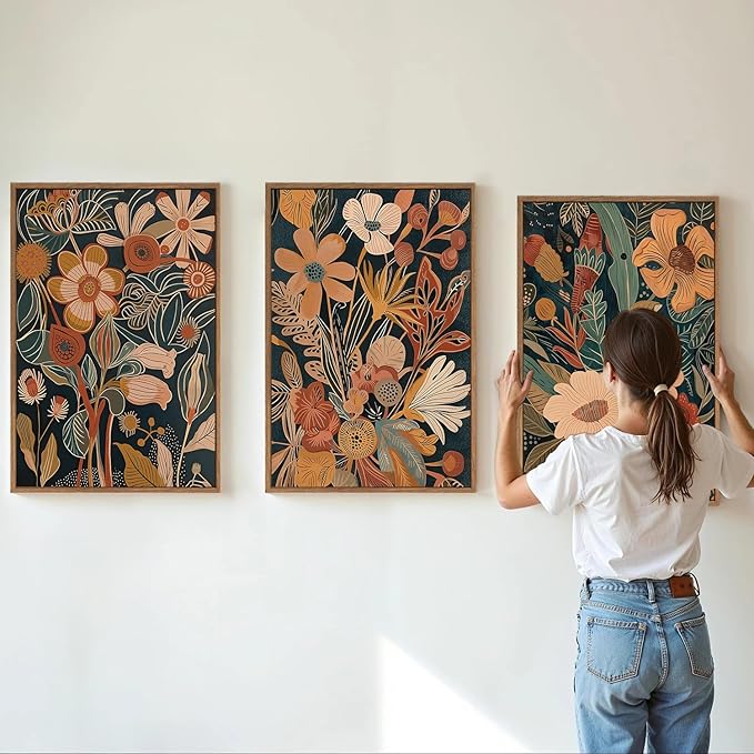 Tinonedraw Burnt Orange Floral Framed Canvas Wall Art Set of 3, Boho Chic Flower Artwork, Mid Century Modern Wall Decor, Colorful Neutral Botanical Art Prints for Bedroom Living Room Office 24"x36"