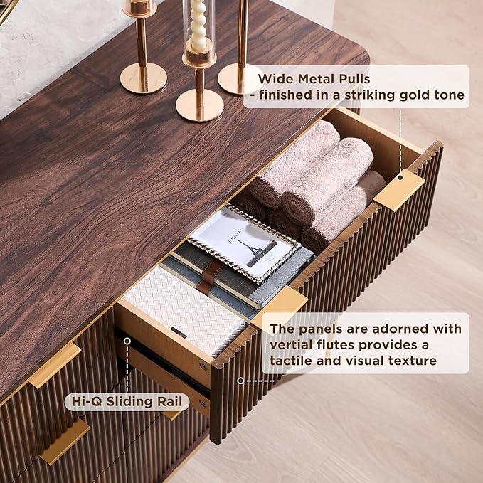 T4TREAM 6-Drawer Dresser Fluted Design, with Gold Accents (Dark Walnut)