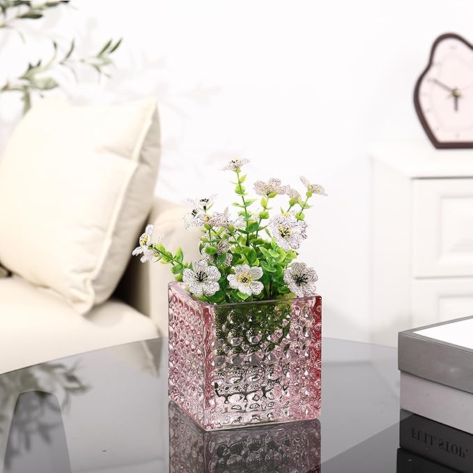 Square Vases Set of 6, 4" x 4" x 4" Square Glass Vases for Flowers, Pink Flower Vase for Centerpieces, Small Bubble Vase for Wedding, Party, Home, Office, Parties, Events