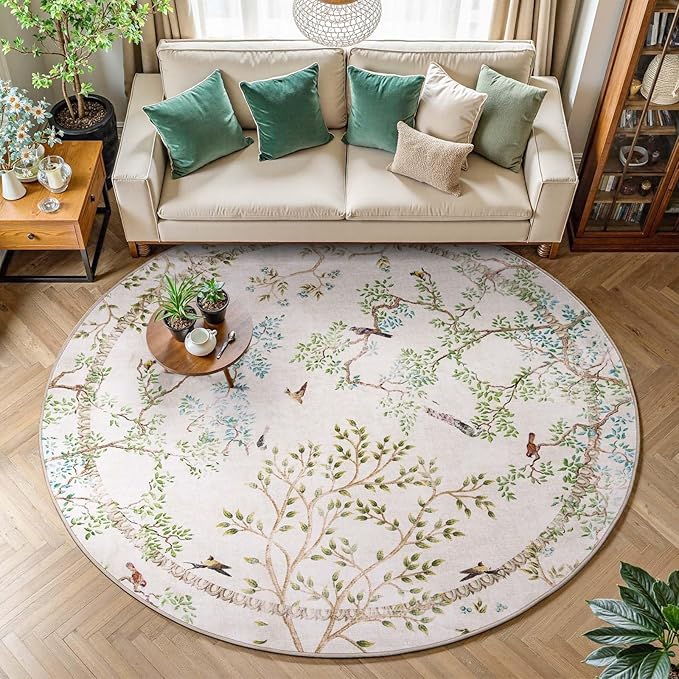 jinchan Round Rugs 8ft Ivory Botanical Birds Print Machine Washable 8' Circle Nature Plants Modern Soft Non Slip Kids Throw Area Rugs Ultra Thin Low Pile Carpet for Living Room Bedroom Dining Room