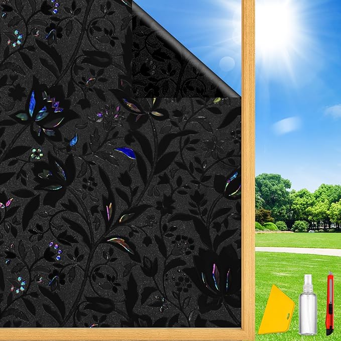 Total Blackout Window Privacy Film Decorative Static Cling with Tools, Room Darkening Window Tint for Home, Black Out Window Cover Replacement Window Curtains Window Blinds,29.5"" by 157.4""