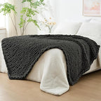 Bigacogo Chunky Knit Throw Blanket for Couch, 40x80 inches, 100% Hand Knitted with Thick Jumbo Chenille Yarn, Cozy Soft Large Rope Knot Cable Crochet Blankets for Sofa Bed Living Room, Dark Grey