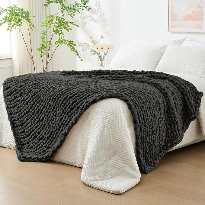 Bigacogo Chunky Knit Throw Blanket for Couch, 80x90 inches, 100% Hand Knitted with Thick Jumbo Chenille Yarn, Cozy Soft Large Rope Knot Cable Crochet Blankets for Sofa Bed Living Room, Dark Grey