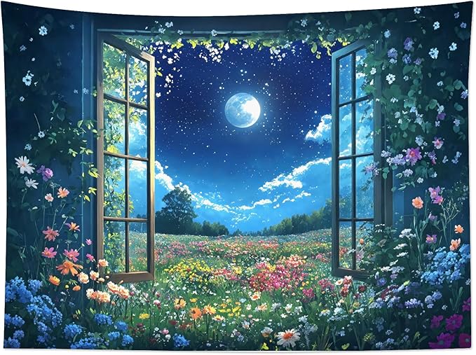 LB Wildflower Moon Tapestry, Window Forest Plant Green Leaf and Garden Colorful Floral Wall Tapestry for Bedroom, Night Sky Wall Art for Living Room Dorm Home Decor Ready to Hanging, 59 x 51 Inches