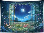 LB Wildflower Moon Tapestry, Green Plant Outside Window and Colorful Floral Wall Tapestry for Bedroom, Garden Wall Art for Living Room Dorm Home Decor Ready to Hanging, 92.5 x 70.9 Inches