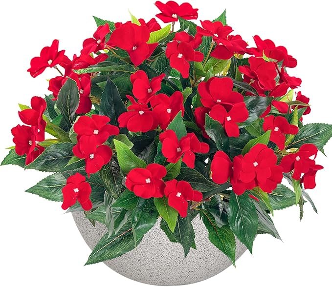 Artificial Impatiens Bouquet Flowers for Outdoors Silk Faux Flowers for Outdoor Impatiens Plants Decor Indoor Planters Kitchen Planters and Balcony Decorations 2PCS (Red)