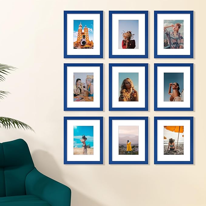 Vittanly 8x10 Picture Frame Set of 9 - Display 5x7 Photos with Mat or 8x10 Without Mat, Wall Mount & Tabletop Frames for Home Decor, Horizontal or Vertical (Blue)