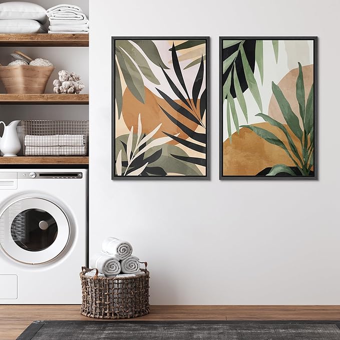 SIGNFORD Framed Canvas Print Wall Art Set Tropical Island Palm Leaf Geometric Collage Abstract Nature Illustrations Modern Art Decorative Minimalist Floral Botanical for Bedroom - 16"x24"x2 Black