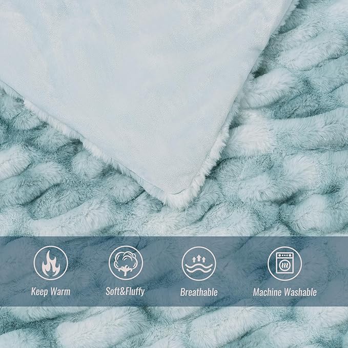Ultra Soft Luxury Faux Fur Throw Blanket for Counch,Fuzzy Fluffy Plush Warm Cozy Elegant Wrinkled Blanket for Sofa Bedroom Living Room,（50"x60",Tie-dye Freshwater Blue）