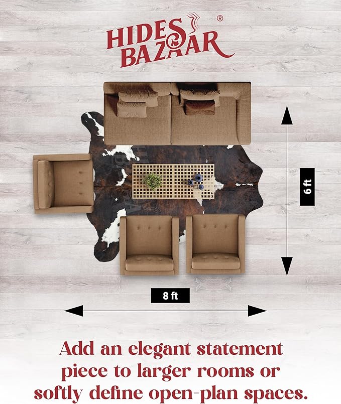 Natural Cowhide Rug for Home & Office Premium Dark Tricolor Cowhide Rug with Unique Dark Brown, Black & White Patterns- Cow Hide Rugs Made with Tanned Leather - Cow Hide Rugs 6x7-8 ft