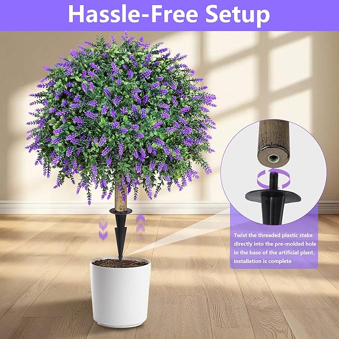 HyeFlora 2 Pack Artificial Topiary Boxwood Ball Trees with Lavender Fake Plants for Outdoor Indoor Artificial Shrubs with Ground Spike UV Resistant Fake Bushes for Front Porch Garden (Purple)