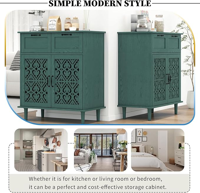 Kitchen Storage Cabinet with Drawers - Accent Cabinet with Carved Door, Floor Sideboard Buffet with Storage, Small Wood Credenza for Living Room, Dining Room, Entryway, Green