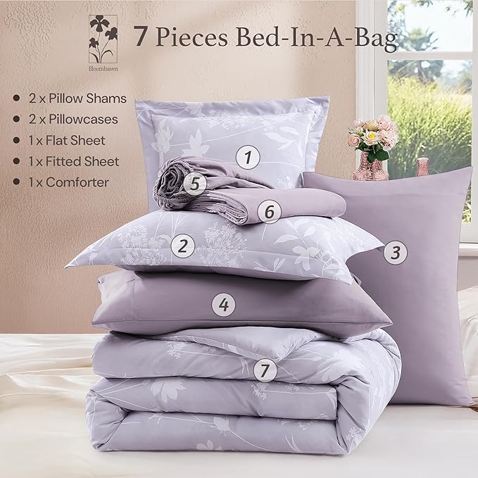 King Comforter Set -7 Pieces Floral Purple Comforter Set for All Seasons, Bed in a Bag King with Botanical Flowers Comforter, Sheets, Pillowcases & Shams