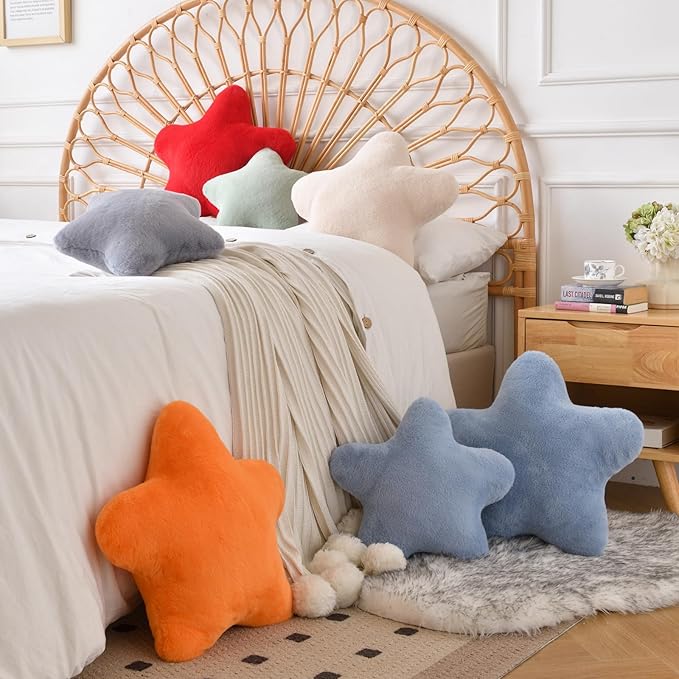 Xiashrk Star Pillow, Decorative Throw Pillows for Bed Couch, 15" Star Shaped Pillow Plush Floor Cushions Room Decor Pillow with Faux Rabbit Fur for Sofa Bedroom Living Room (Black, 15" x 15")