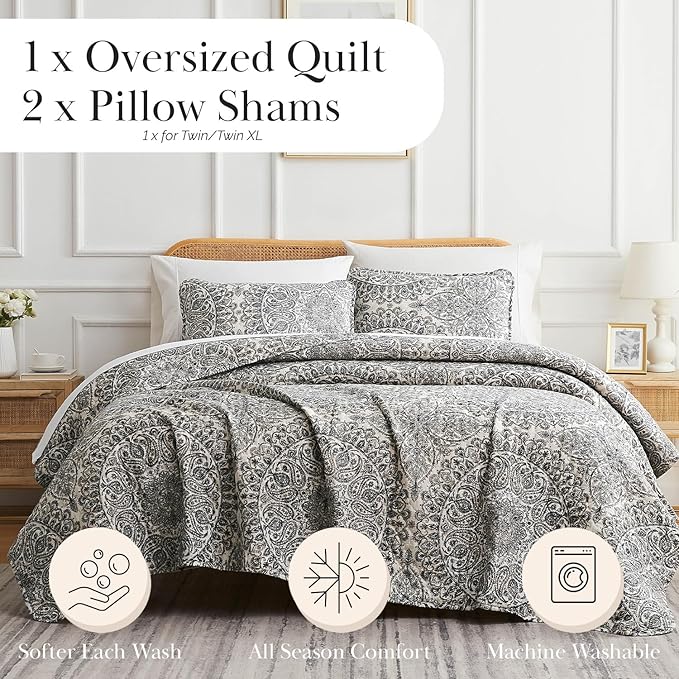 Southshore Fine Living, Inc. Ashanti Collection Oversized Quilt Twin Bedding Set Lightweight, Soft Coverlet Bedspread 2-Piece with one Matching sham (69 in Wide x 98 in Long), Twin/XL, Grey