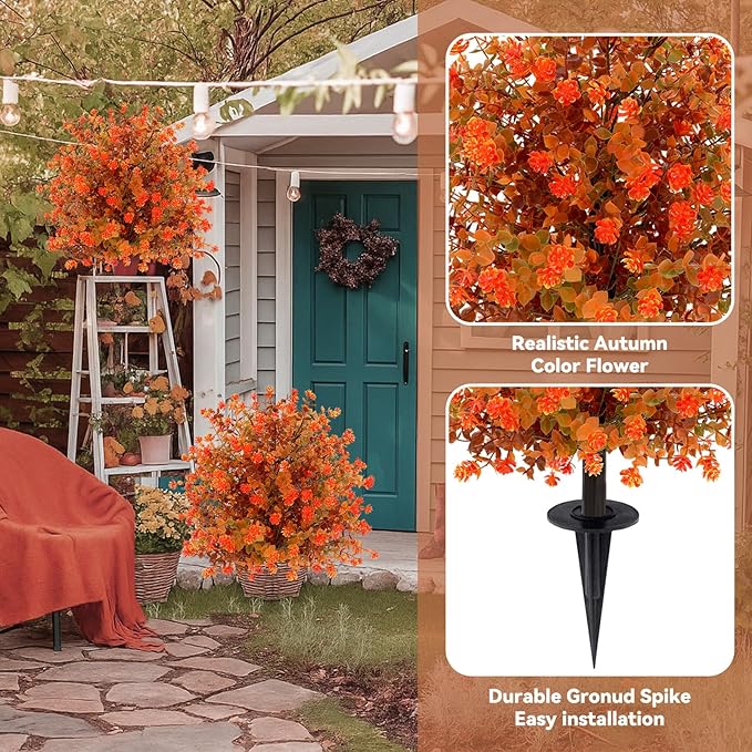 Artificial Topiary Ball Trees with Ground Spikes UV Resistant Faux Greenery Shrubs Fake Shrubs for Outdoors, Realistic Faux Plants Bushes for Garden Porch Yard Patio Decor (Orange Eucalypt)