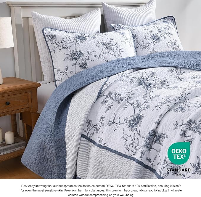 DDUOXIN Botanical Oversized King Bedspread - 120" W x120 L Extra Wide 100% Cotton California Quilt, Lightweight Reversible Oversize Bedspreads with 2 Pillow Shams, Blue/White/Pale Blue Gray