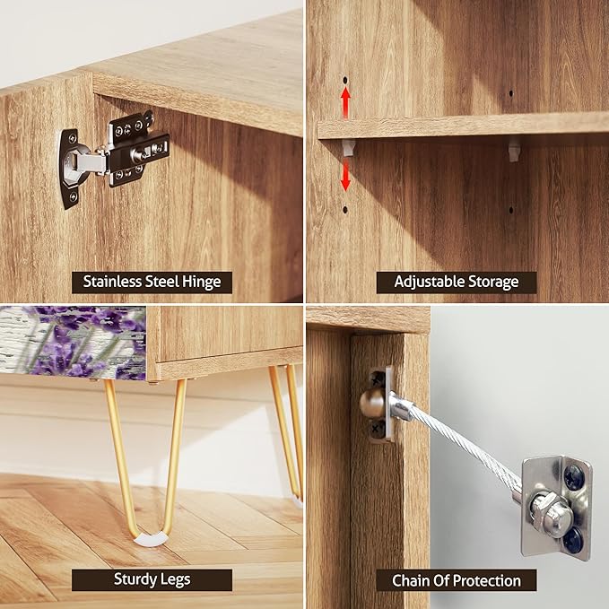 SIGNWIN Sideboard Buffet Cabinet, Kitchen Storage Cabinet with 2 Doors, Wood Panel Lavender Flowers, Cupboard Console Table for Dining Room - 35" L x 18" W x 29" H