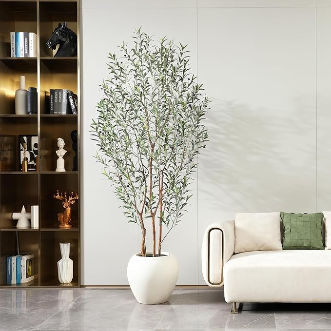 Artificial Olive Tree, 8FT Tall, Faux Olive Trees with Natural Wood Trunk & Lifelike Fruits, Indoor, White Tall Planter, Home Balcony Office Living Room Decor