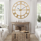Large Wall Clock for Living Room Decor – 48 inch Silent Non-Ticking Modern Farmhouse Wall Clock, Oversized Decorative Metal Roman Numeral Clock, Gold