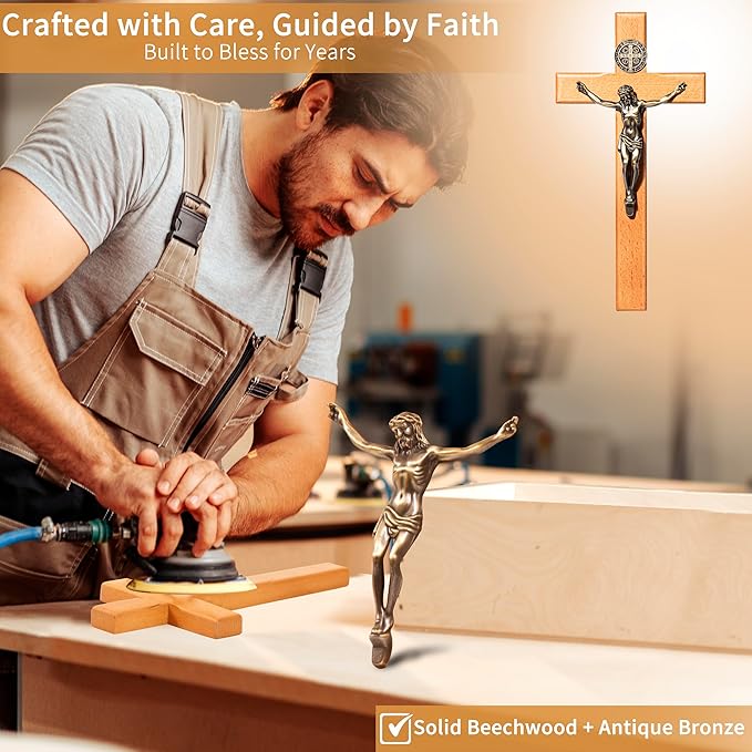 ACHIBANG 10" Crucifix Wall Cross Catholic, Wooden Wall Cross with Jesus and Saint Benedict Medal for Home or Prayer Room, Catholic Gifts