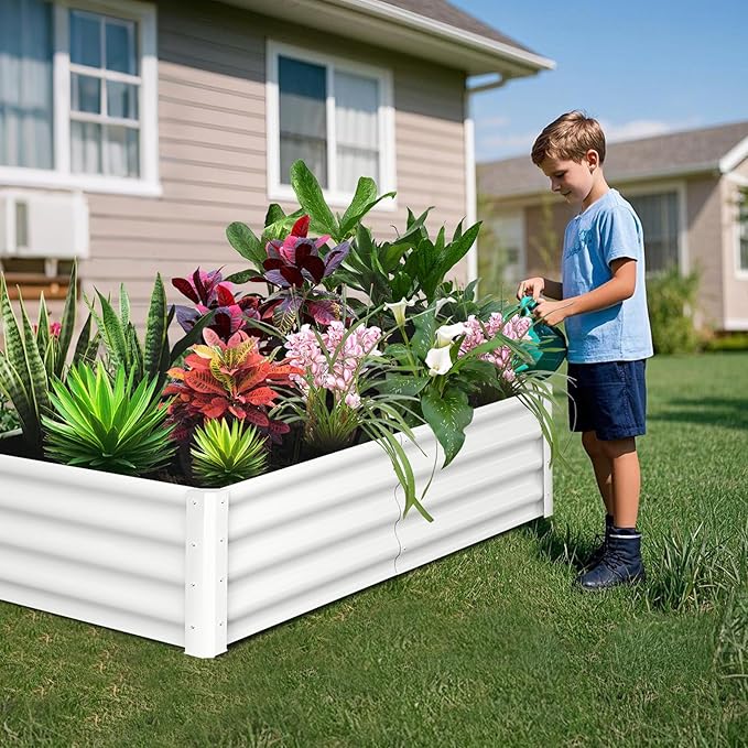 Galvanized Raised Garden Bed Outdoor, 2 Pcs 6x3x1FT Outdoor Large Planter Raised Beds Open Base with Safety Edge and Glove for Vegetables Flowers Ground Planter, White