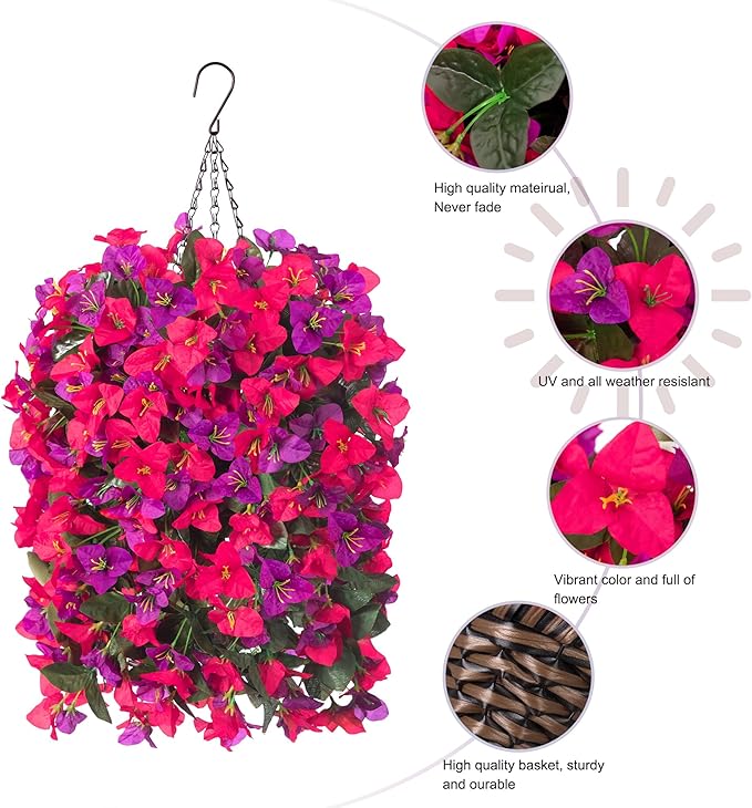Artificial Bougainvillea Faux Flowers Plants Baskets for Outdoor Outside Decoration, 3PCS Fake Silk Flowers Long Trailing Vines UV Resistant Realistic for Front Door Porch Patio Balcony, PurpleHotpink