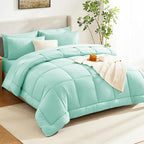 CozyLux Queen Comforter Set Mint Green, 7 Pieces Bed in a Bag, Green Comforter Queen Size, All Season Bedding Sets with Stitch Quilted Comforter, Flat Sheet, Fitted Sheet, Pillowcases