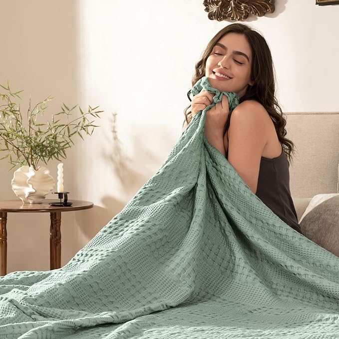 PHF Cooling Waffle Blanket Twin Size, Lightweight 60% Rayon Derived from Bamboo & 40% Cotton Breathable Blanket for Hot Sleepers, Soft and Luxury for Bed Couch and Sofa, 66"x90", Sage Green