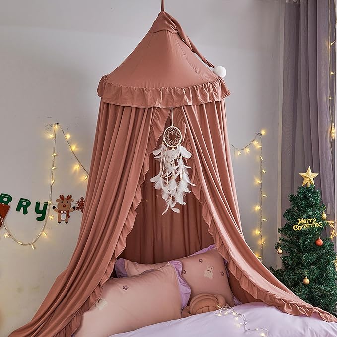 VETHIN Bed Canopy for Girls,Princess Round Dome Dreamy Mosquito Net Bedding Girls Room Castle Play Tent Hanging House Decor Reading Nook Canopies (JujubeRed)