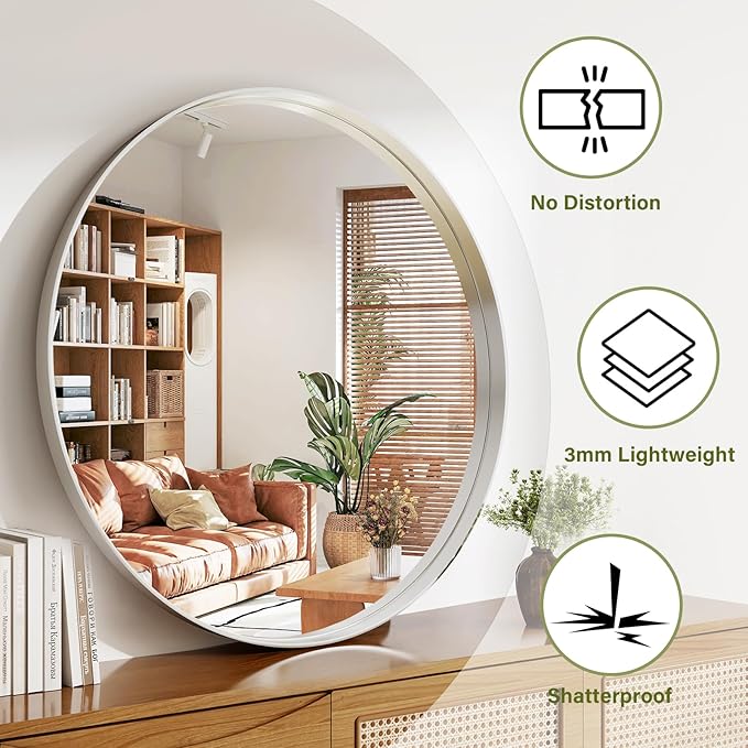 36 Inch Round Bathroom Mirror - Wall Mounted Circle Mirror with Metal Frame, Modern Mirror Suitable for Bathroom, Vanity, Entryway, Living Room, Wall Decor,Silver