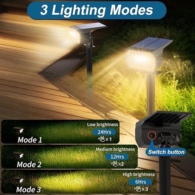 Solar Spot Lights Outdoor Waterproof IP65, 6 Pack Landscape Spotlights with 46 LEDs, 3 Modes Auto On/Off Solar Powered Flood Lights for Outside Pathway, Yard, Garden, Walkway (Warm White)