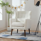 Accent Chair, Comfy Upholstered Living Room Chairs with High Tufted Backrest and Pillow, Wingback Reading Chair with Solid Wood Legs for Bedroom/Office,Teddy Fabric, White