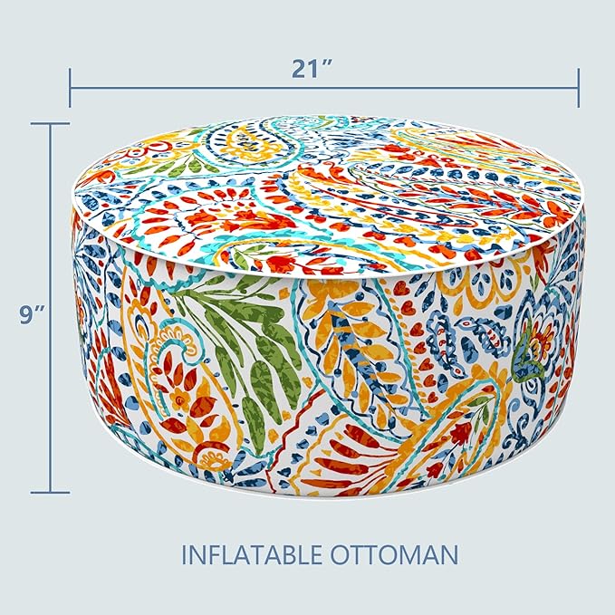 LVTXIII Indoor/Outdoor Inflatable Ottoman, All Weather Round Footrest Stool D21”x H9”, Portable for Patio Garden Camping or Home-Paisley Ummi Multi