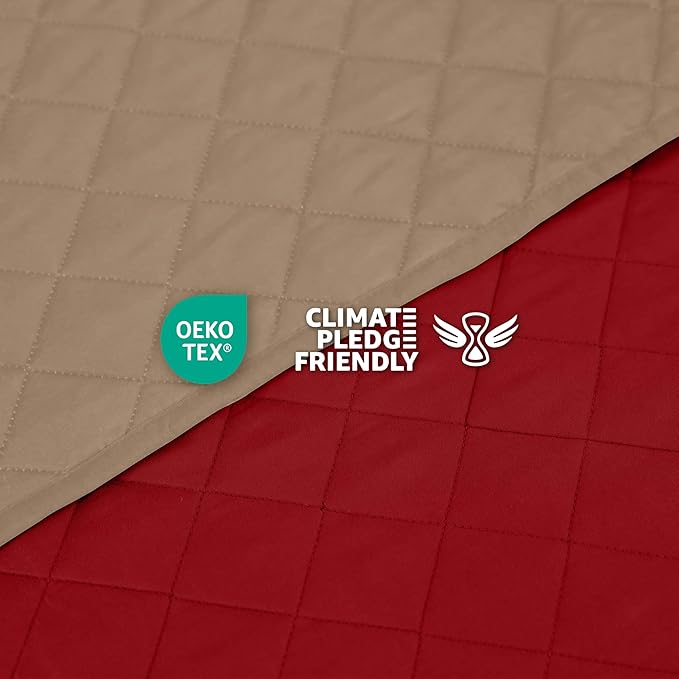 Martex Reversible Coverlet – Full Queen Size Quilt - Lightweight Full Size Bedding– Durable Queen Size Quilts for Bed – Soft - Easy Care Bedding – Khaki/Red