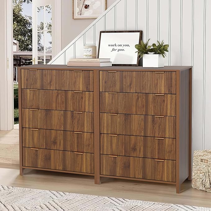 5 Drawer Double Dresser for Bedroom, Modern Wide Chest of Drawers with Fluted Panel Design,Wood Storage Dressers Chest of Drawers for Bedroom Living Room Hallway Closet,Walnut,2 Sets