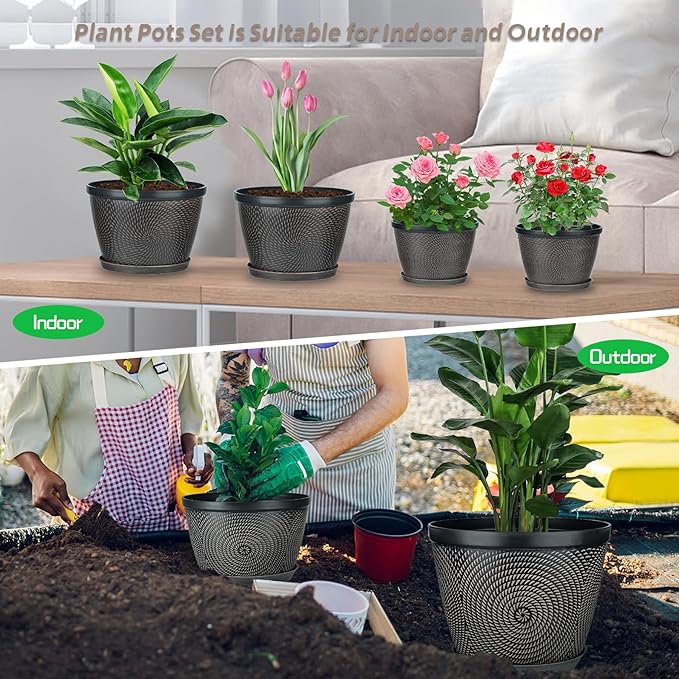 Quarut 4 Pack 6 Inch Flower Pots for Outdoor Indoor, Plastic Plant Pots with Drainage Hole & Saucer, Lightweight Small Flower Pot, Circle Pattern Planters for Garden House planters（Black Copper）