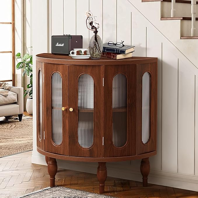 31'' Sideboard Buffer Cabinet with Storage, Semi-Circle Modern Accent Storage Cabinet with Wooden Finish & Acrylic Doors, Console Table for Living Room Entryway Hallway (Walnut)