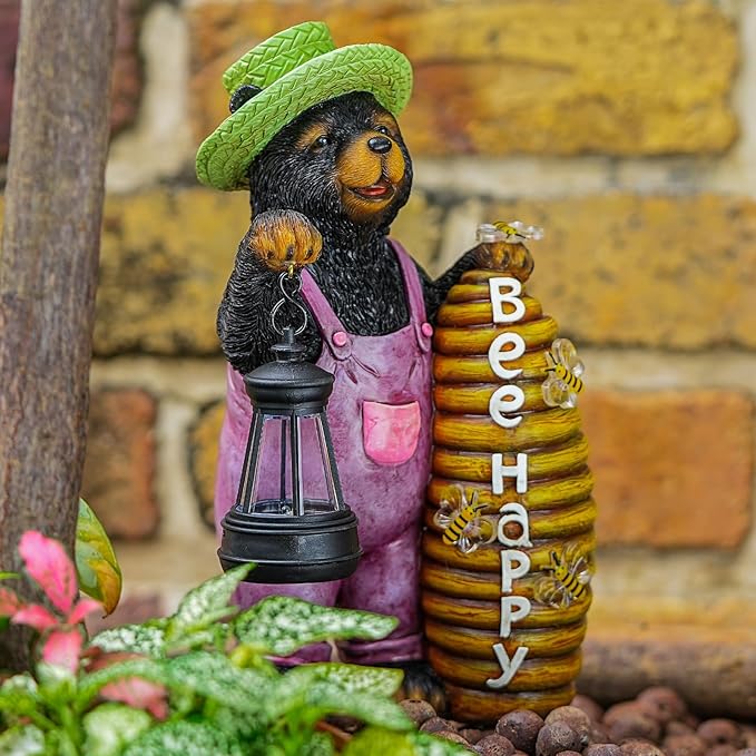 Solar Adorable Bear Garden Statue with Beehive and Lantern - “Bee Happy” Resin Outdoor Decoration for Yard, Patio, or Home Decor