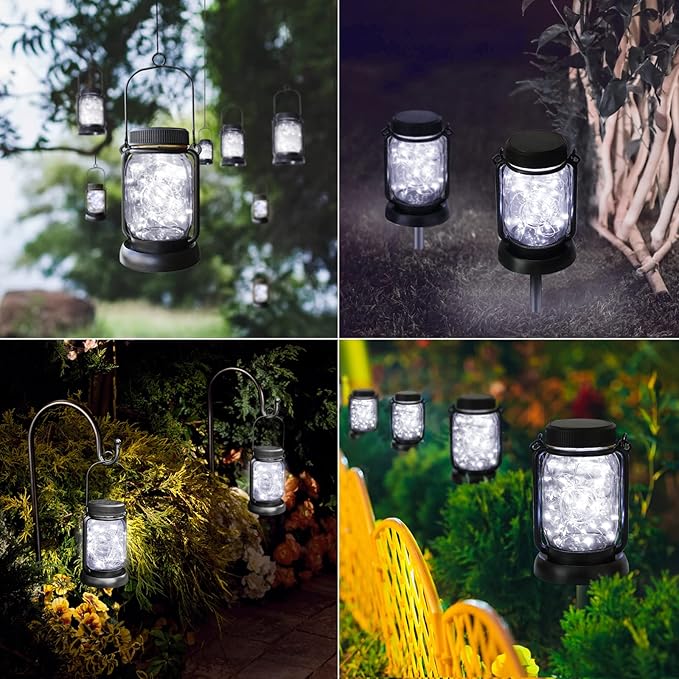 Mlambert Cool White 4 Pack Solar Hanging Mason Jar Lights with Stakes, Waterproof Decorative 30 LEDs Outdoor Solar Lantern Lamp Patio Garden Tree Yard