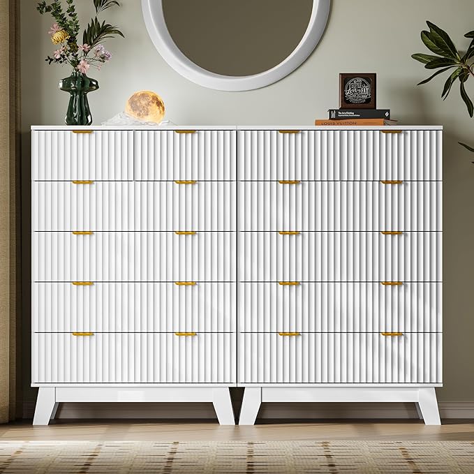 46" Tall Dresser for Bedroom, 6-Drawer Fluted Chest of Drawers, Modern Wood Highboy with Deep Storage, Metal Slides and Handles, Anti-Tip Kit, Vertical Clothes Organizer for Apartment, Nursery
