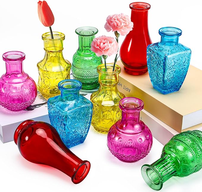 10 Pack Glass Bud Vases, Colored Bud Vase, Small Rustic Glass Vase for Flowers, Colorful Vintage Flower Vases for Wedding Home Table Plants Party Centerpieces Decor