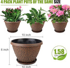 4 Pack 10 Inch Plant Pot, Flower Pots Outdoor with Drainage Hole & Tray, Thickened Plastic Planters for Indoor Outdoor Plants, Lightweight Modern Decorative Garden Pot with Saucer