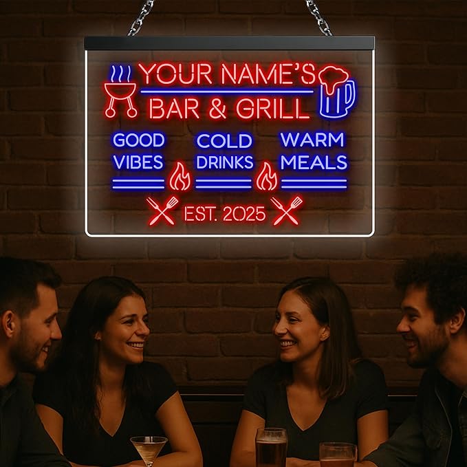 Personalized BBQ Neon Sign Custom Bar and Grill Sign Patio LED Lights Backyard Bar Signs for Men Outdoor Lighted Patio Acrylic Table Grilling Kitchen Home Garden Wall Decor